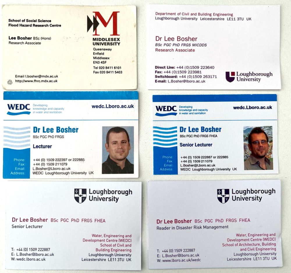 Six business cards covering jobs at the universities of Middlesex and Loughborough since 2001. 