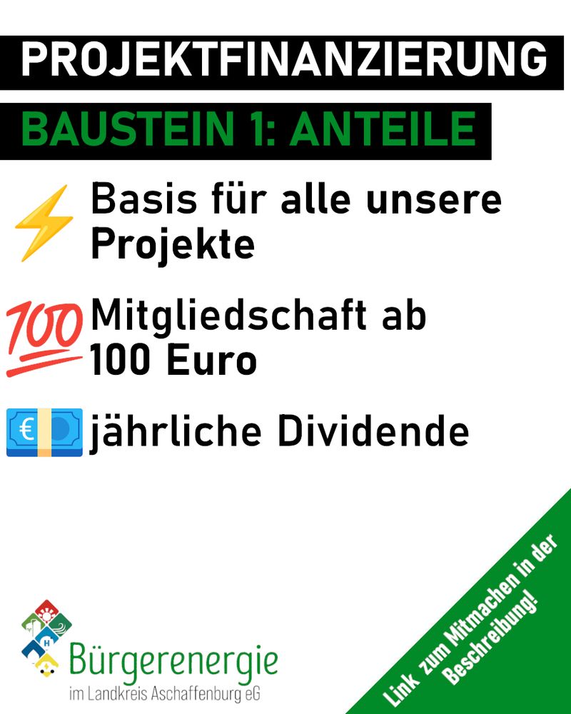 Projektfinanzierung Baustein 1: Mitgliedsanteile
Basis für alle unsere Projekte
Mitgliedschaft ab 100 Euro ´
jährliche Dividende