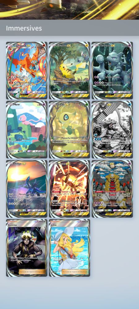 Screenshot taken from Pokémon TCG Pocket showing all immersive art cards in a binder
