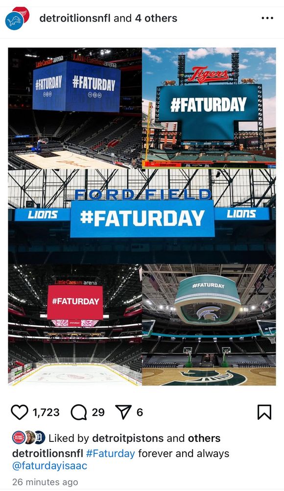 #Faturday displayed on Jumbotron at Ford Field, Comerica Park, LCA, and the Breslin Center. 