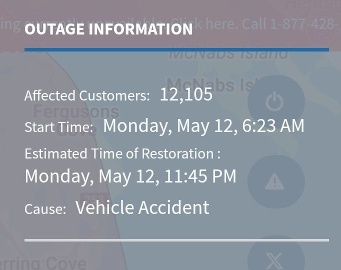 NSPower outage map lists an outage as having begun at 6:23 am on Monday, but the actual start time was approximately 9:25 pm.
Cause is still a car accident.