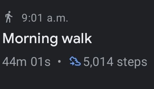 This shows that my morning walk started at 9:01 a.m., it took 44 minutes and was 5014 steps according to Google fit.