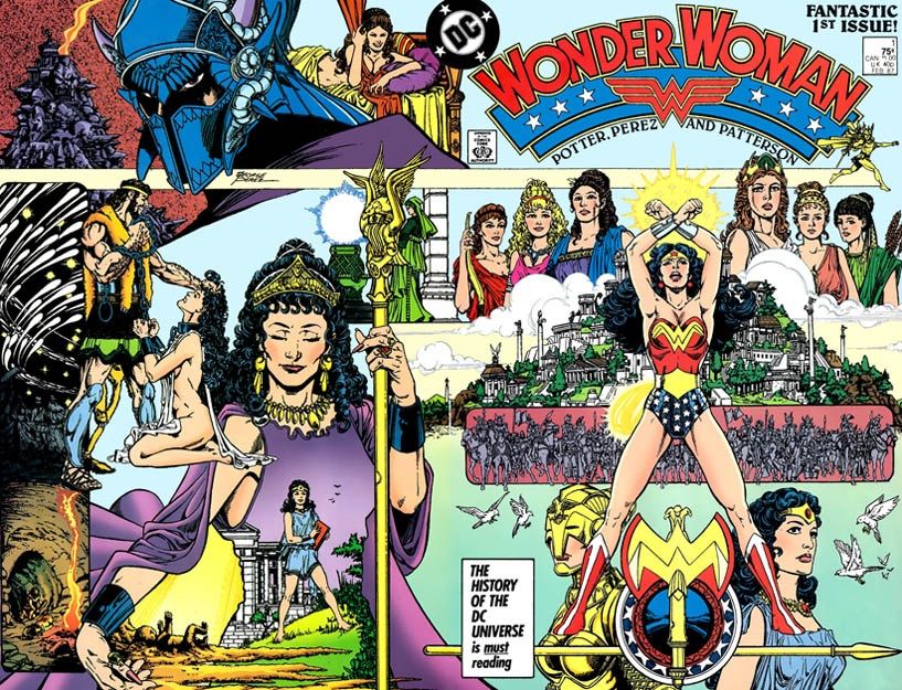 George Perez drawing different aspects of Wonder Woman's story 