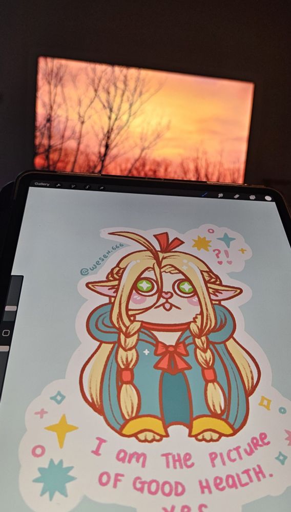 Procreate screen with a drawing of Marceille from Delicious In Dungeon as a chihuahua and a TV with sunset over Australian bushland. 
