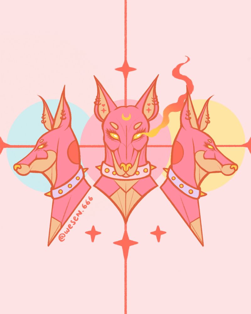 3 pink doberman dogs, bust 1 face on and 1 on each side facing left and right, they all have pastel pink gold studded spiked collars and 6 stars surround them with circles in the background. 