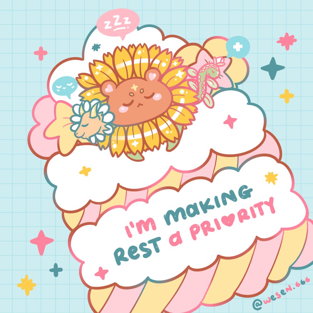 A sunflower maned chimera having a nap in a marshmallow bed and the bed has cute lettering that says, "I'm making rest a priority"