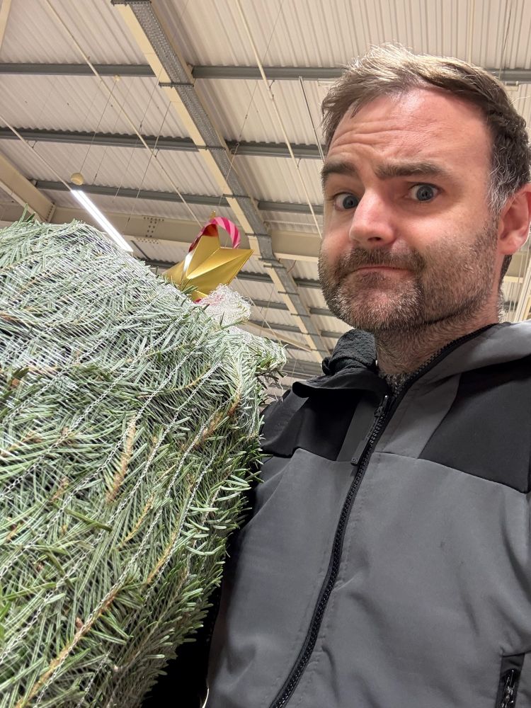 Selfie with a real Christmas tree in a shopping trolley, despite it still being November