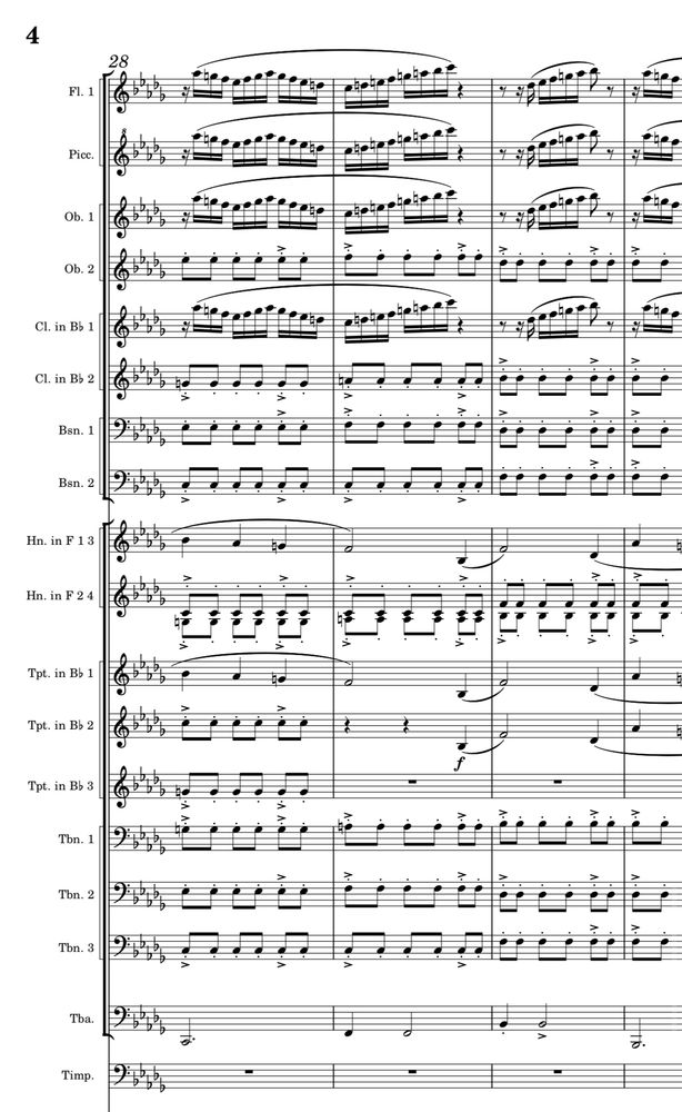 Part of a musical score for symphony orchestra showing three bars of music from Flute 1 down to timpani