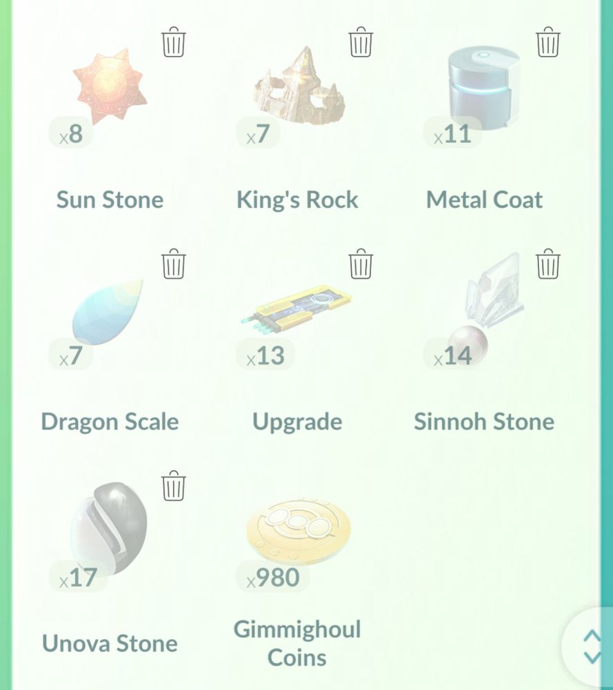 Screenshot of Pokemon go showing evolution items, with 980 Gimmighoul coins