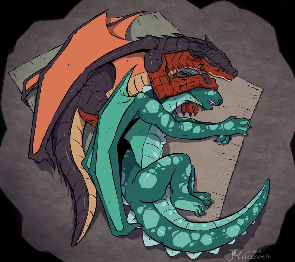 A scene showing Prince Turtle of the Seawings and Umber the Mudwing, both asleep on top of two reed mats. Turtle is curled up in a half-open fetal position, while one of Umber's forelegs is awkwardly draped across the former's face.