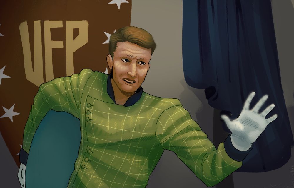 AR Vale, a middle aged human ale in a green plaid suit and white gloves 