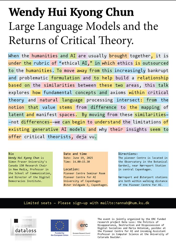 Event poster: Wendy Hui Kyong Chun, Large Language Models and the Returns of Critical Theory, June 19, 14-15.30. University of Copenhagen. 