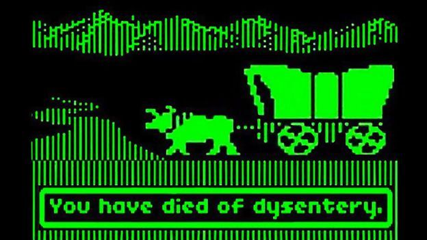 An Oregon Trail screen with the wagon. It says "You have died of dysentery."