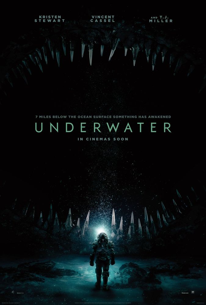 Underwater (2020)  There's a person in a diving suit approaching a giant, fanged mouth
