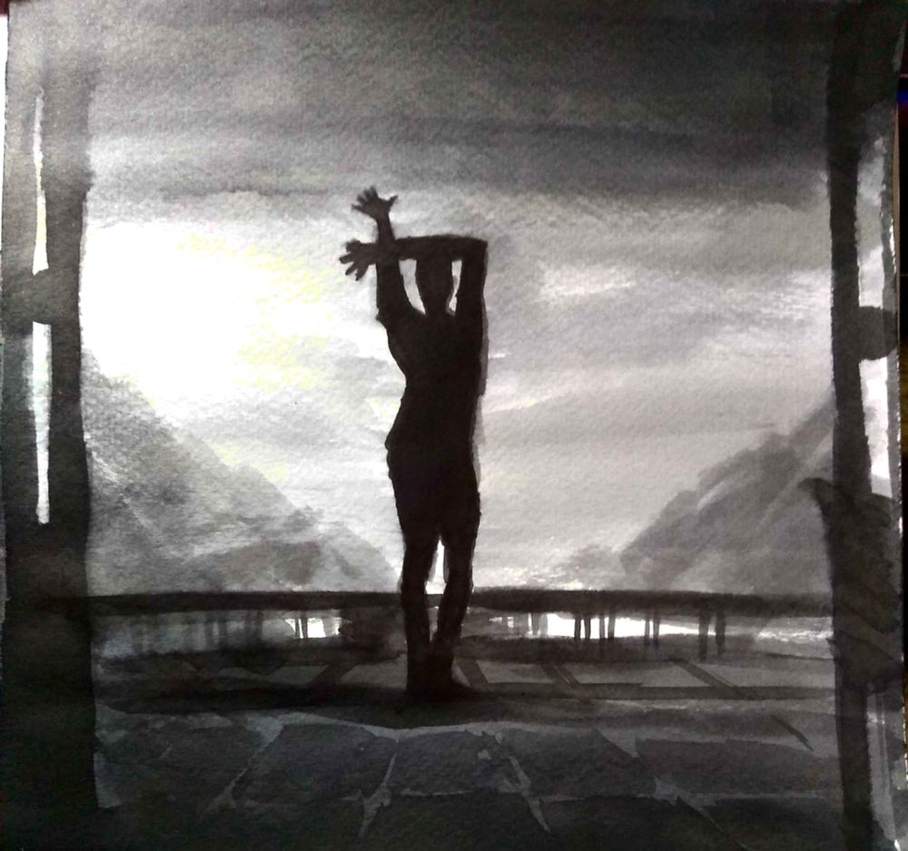 A black and white ink drawing of the performance of the song "Striptease" by FKA Twigs on "The Body is Art" live performance.

FKA Twigs is represented by a dark silhouette, with her right arm raised and her left arm bent 90 degrees above her head. She is standing slightly sideways and her feet are close together. There are glass panels forming the floor, and metal pillars at the sides. Behind FKA Twigs is a dark walkway; the background is a gradient from dark on top to light on the bottom.