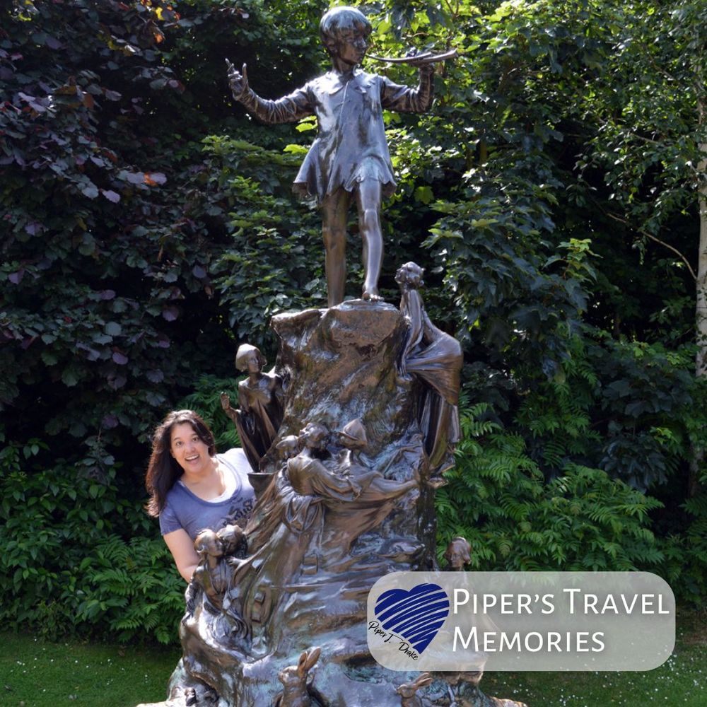 Piper J. Drake with Peter Pan statue in London