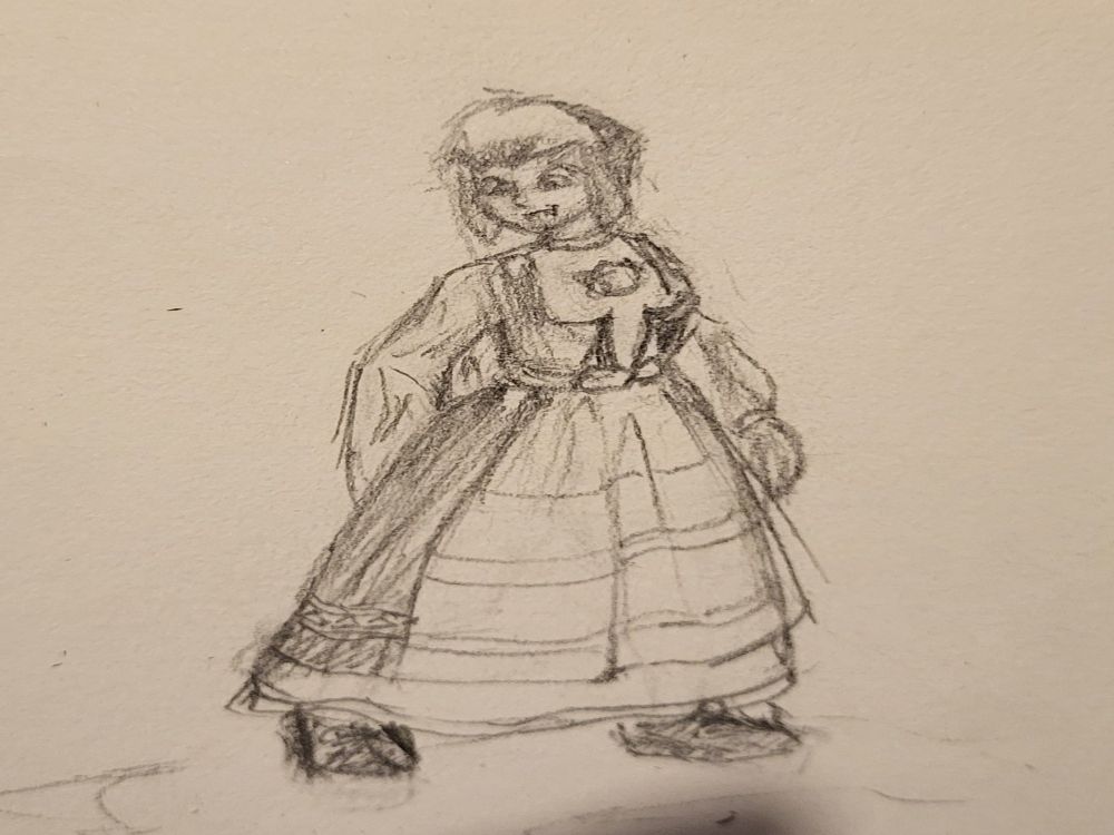 A sketch of Nimona from Nimona 2023 in a Norwegian traditional dress/bunad