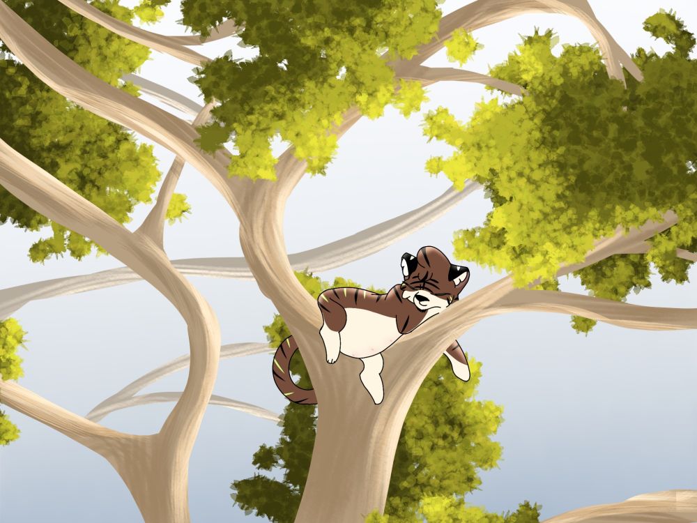 A drawn picture of a pregnant tiger resting up in a tree (By me)