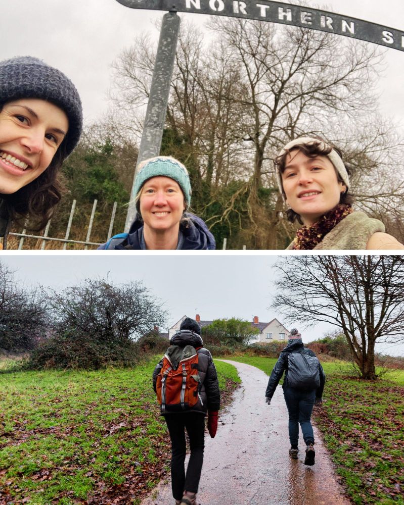 A picture split into two sections, the top picture displays Ellie, Katherine and Effy all smiling and stood in front of the Northern Slopes sign in Bristol. The second picture at the bottom is two people walking in the rain wearing backpacks in the northern slopes