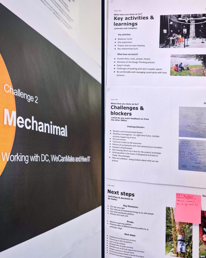 A picture split into two sections, the first picure is a black slide which says, ‘Challenge 2, Mechanimal, working with DC, WeCanMake and Hive IT. The second half of the picture is printed off pictures of notes from a slide show which details Mechanimals key activities and learnings, challenges and blockers and their next steps.