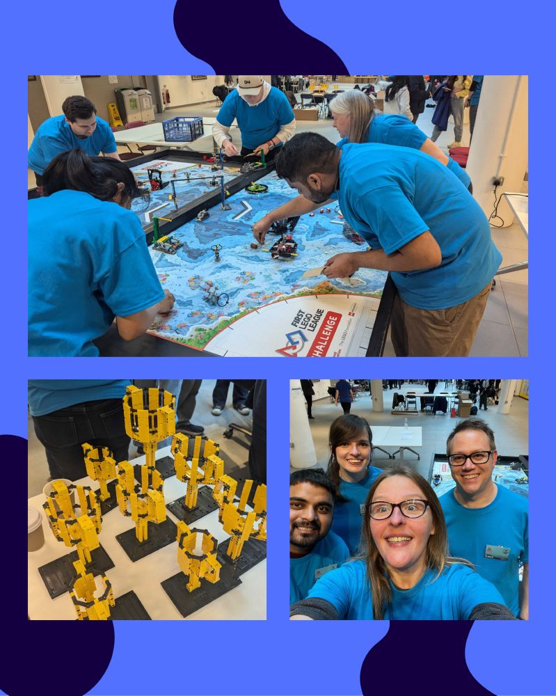 A blue and navy graphic displaying three images. One image is displaying a group photo of five adults around a big table adjusting lego robots for the Sheffield First Lego League. The second photo is displaying the yellow lego trophies on the table for winners. The third photo is a group photo of hive team members smiling at the lego league.