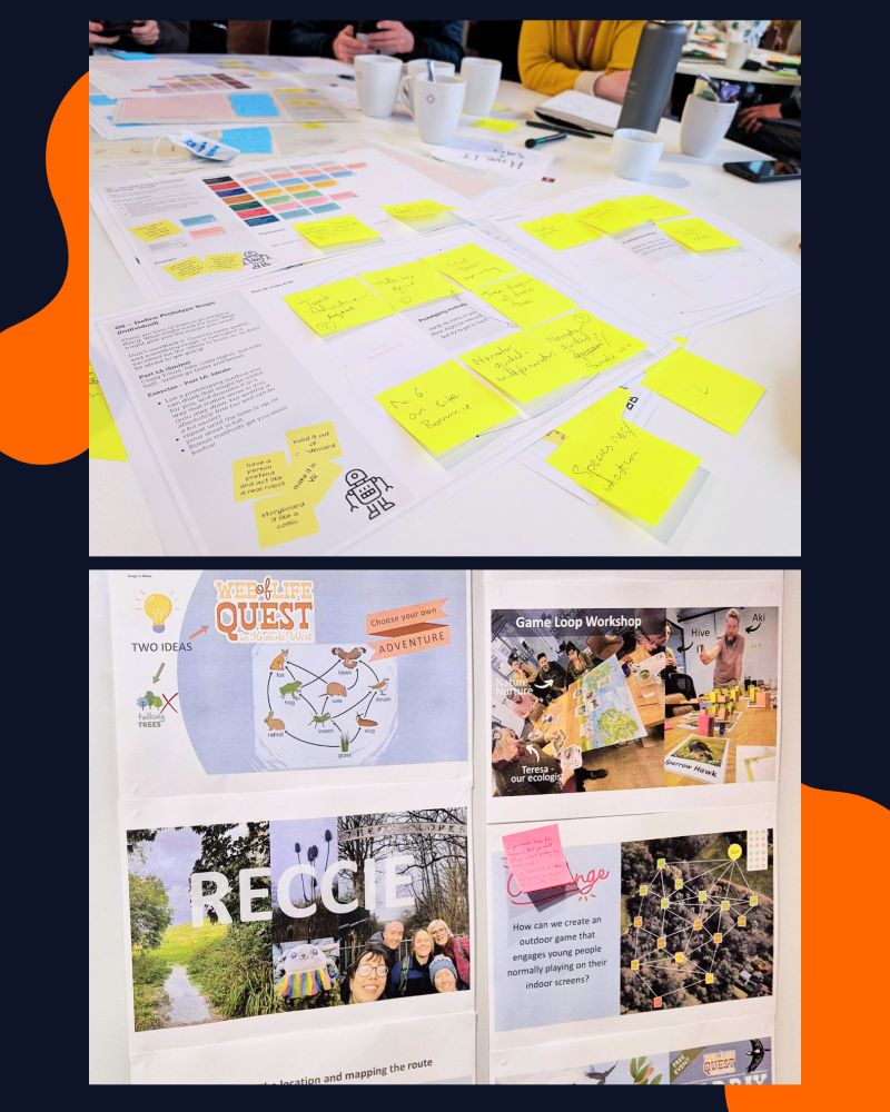 A picture split into two sections, the first picure is showing a table with participants around it and the table is full of pieces of paper, sticky notes and mugs of coffee. The papers are detailing parts of the prototyping workshop the participants where involved in. The second half of the picture is printed pages of Nature Nurtures presentation, individually printed and blue tacked on a wall.