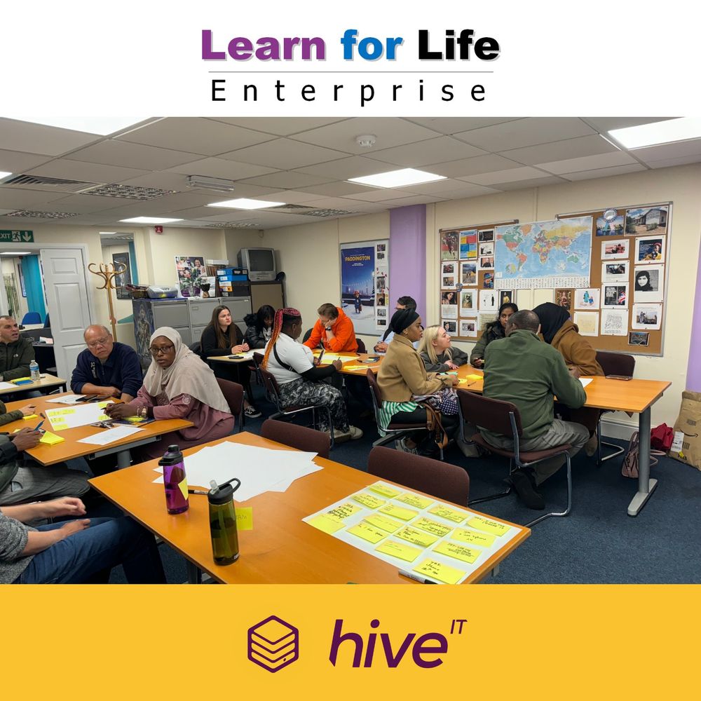 People in a classroom setting attending a workshop. Accompanied by a Learn for Life logo and a yellow Hive IT logo at the bottom.