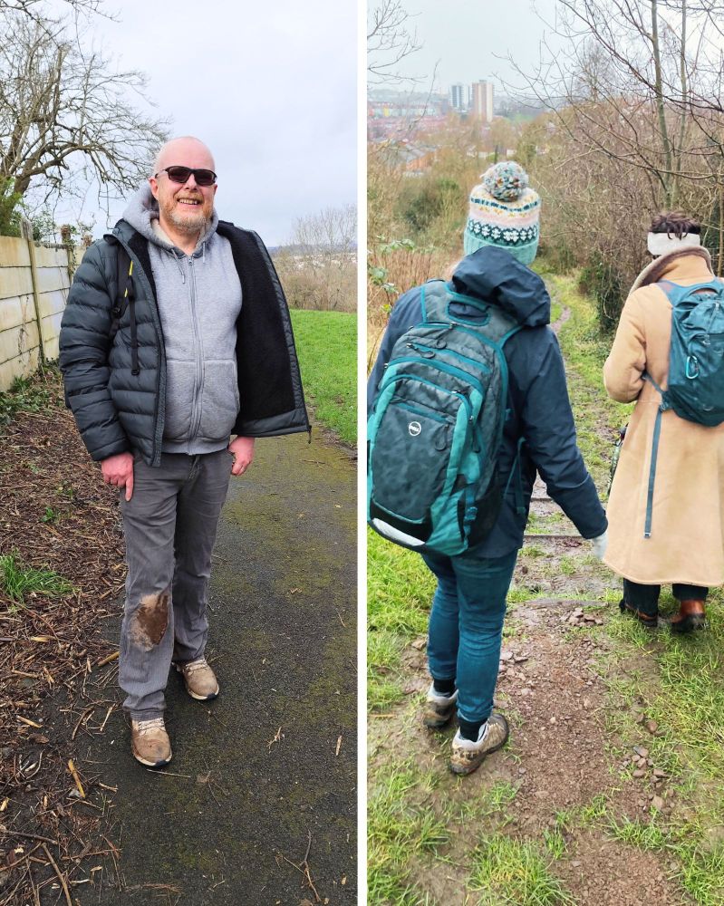 A picture split into two sectionss, the picture on the left is Martin from Hive IT smiling after his walk at the Northern Slopes. The second picture is showing two people wrapped up in coats and hats facing away from camera walking through the northern slopes.