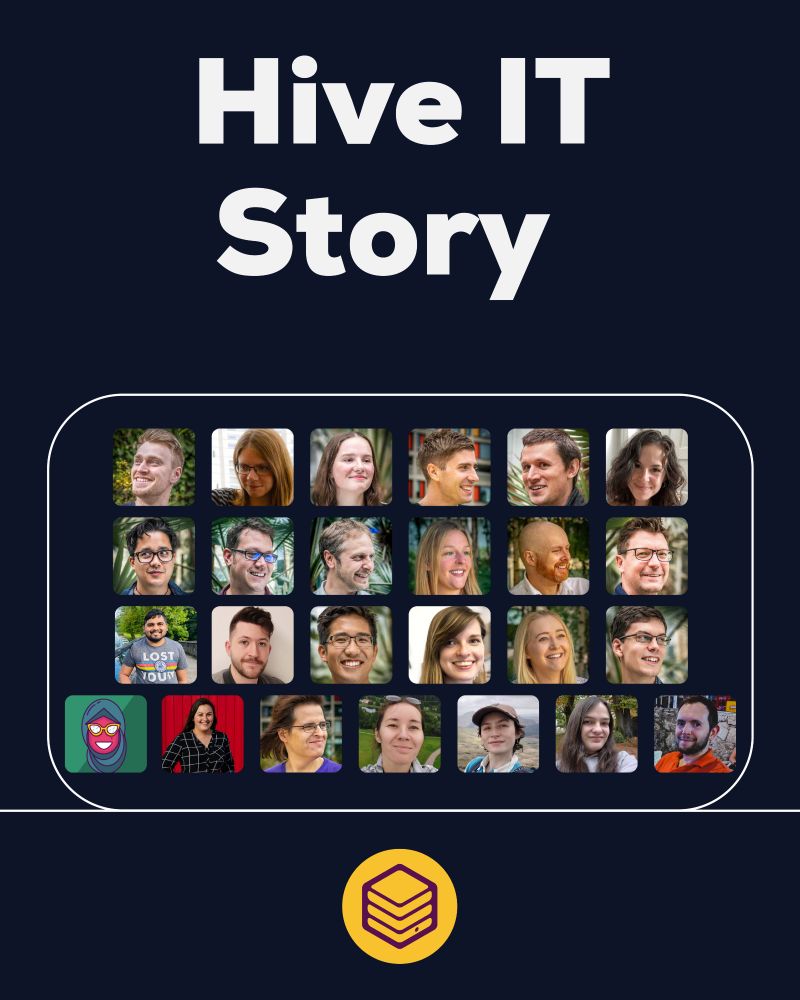 A navy and white graphic with the text, ‘Hive IT Story’. It displays a rectangular box of all the team members at Hive IT smiling. There is also a yellow and purple Hive IT logo at the bottom. 
