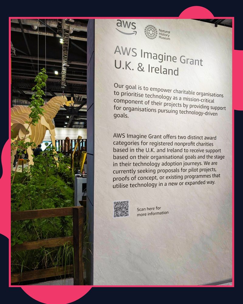 A navy and pink graphic displaying a picture of a sign displaying information about the AWS summit. Green foliage surrounds the sign. 
