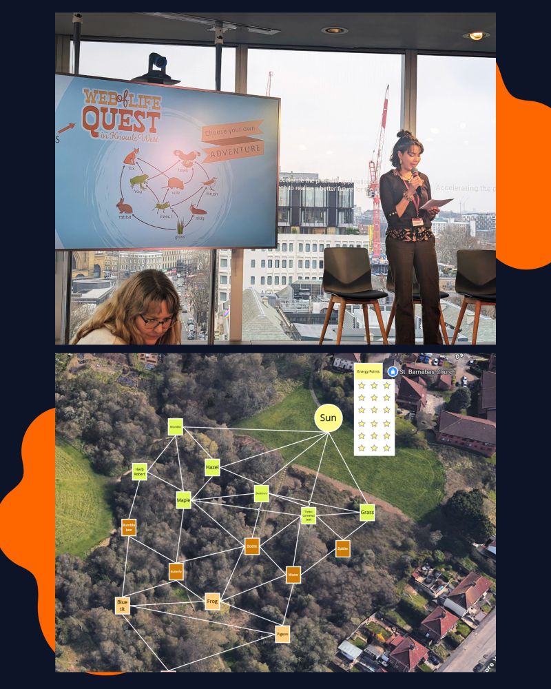 A picture split into two sections, the first picure is of Isabelle from Nature Nurture presenting their ‘Web of Life Quest’ presention to everyone at the digital catapult offices in London. Second picture is the web of life game board example map, of a woodland with various multicoloured square pin points around the map. 