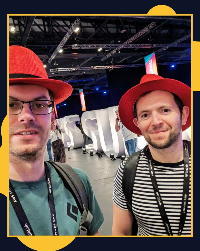 A navy and yellow graphic displaying a picture of Tom and James stood in the AWS Summit hall wearing red hats. 
