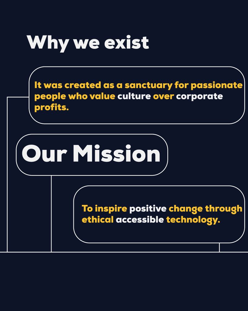 A yellow, navy and white graphic with the words, ‘Why we exist, it was created as a sanctuary for passionate people who value culture over corporate profits.’ ‘Our mission is to inspire positive change through ethical accessible technology.’