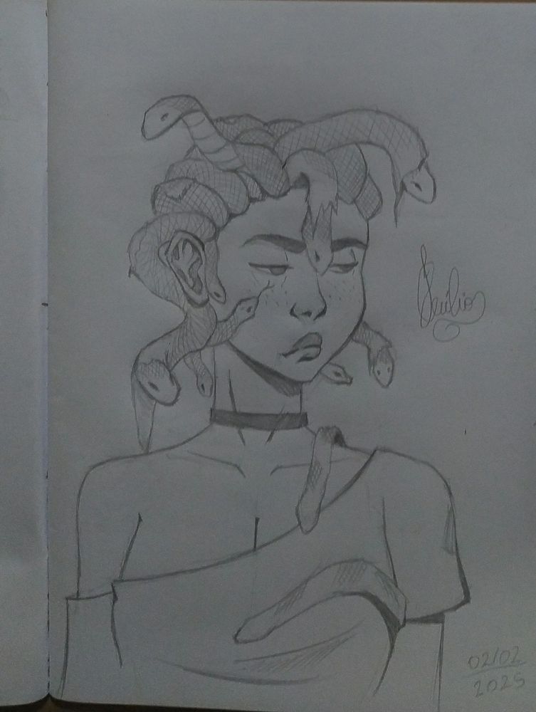 Desenho de uma górgona com as cobras de sua cabeça trocando de pele expressando tédio
