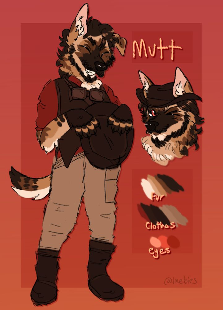 a digital drawing of a german shepherd/maned wolf character holding a hat to his chest, smiling. the name "Mutt" is written off to the side.