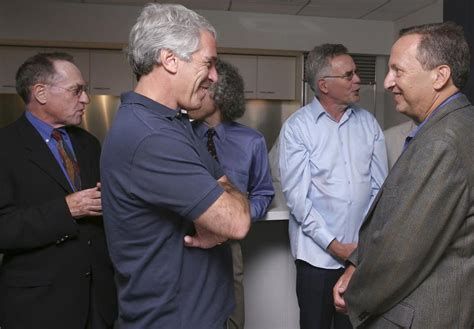Larry Summers looking with great pleasure at Jeffrey Epstein; to round out a real display of extremely terrible people, Pinker and Dershowitz are in the background.