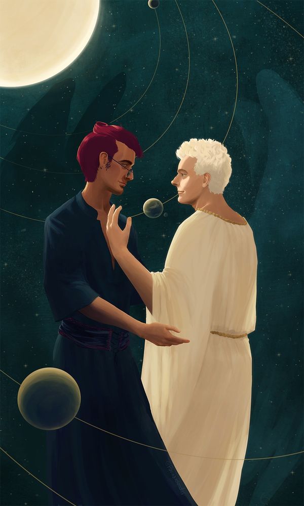 A digital fanart of Crowley and Aziraphale in space. They are looking at each other lovingly, reaching out to each other with gentle hands. They stand in their true size and the planet Earth, floating between them, looks very small in comparison.