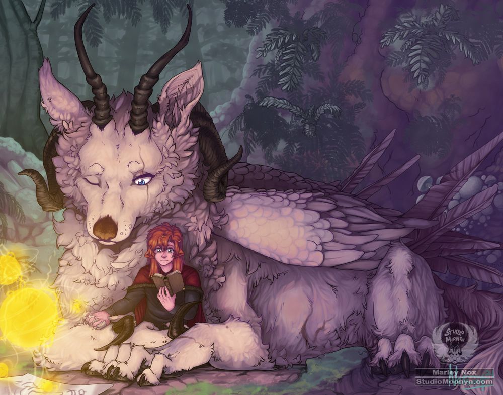 Digital painting of a young long-haired boy reading a book while being cradled by a giant wolf beast with wings and horns. They are sitting very cozy together in a cave.