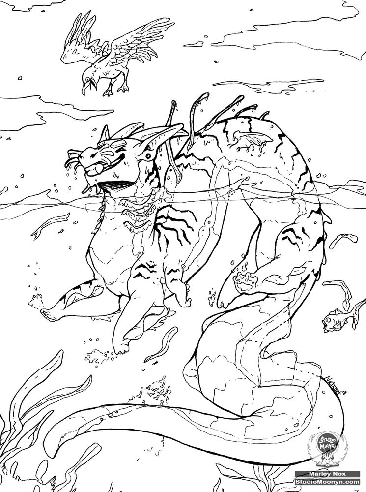 Ink drawing of a striped snake-like dragon splashing in water with a gull honking at him from above. He has tiny feets.