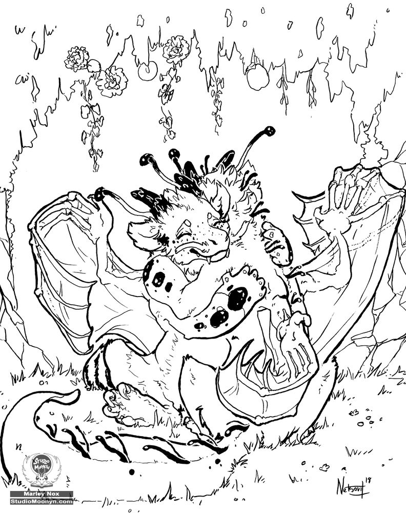 Ink drawing of two fluffy dragons hugging in a grassy knoll.