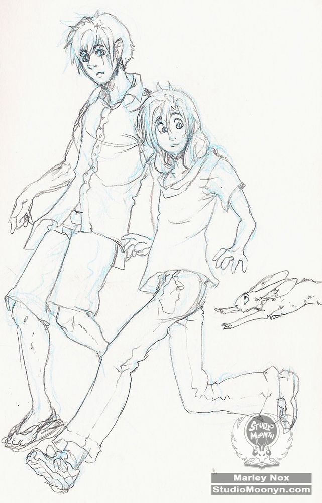 Sketch of two men mid-walk, both looking down to the right as a rabbit hops into frame. They are caught mid conversation.
