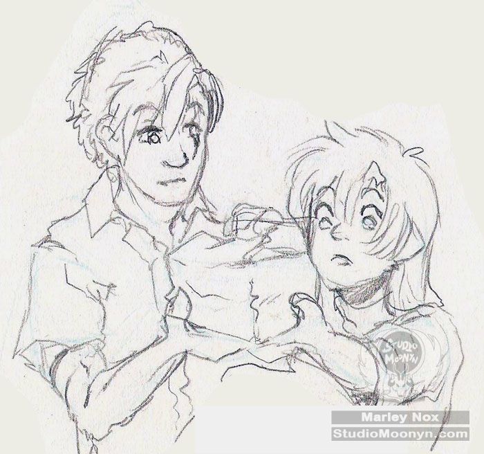 A sketch of two characters holding a box and looking down at it curiously.