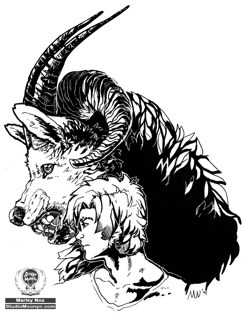 Black and white illustration of a boy with a wolf-life beast behind him. It's a headshot illustration and both are looking to the left in profile. 