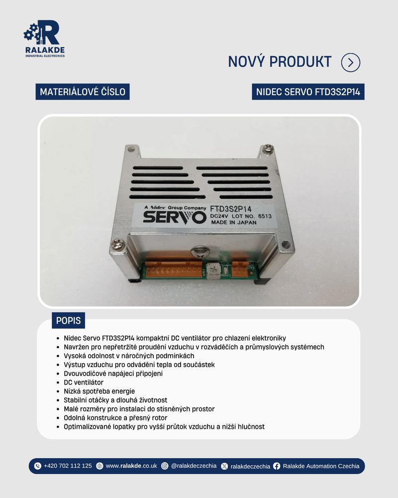 Nidec Servo FTD3S2P14 compact industrial DC cooling fan.