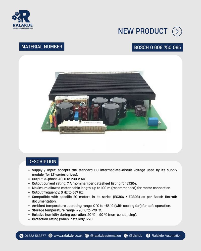 Bosch 0608750085 servo controller module shown as an industrial automation spare part.