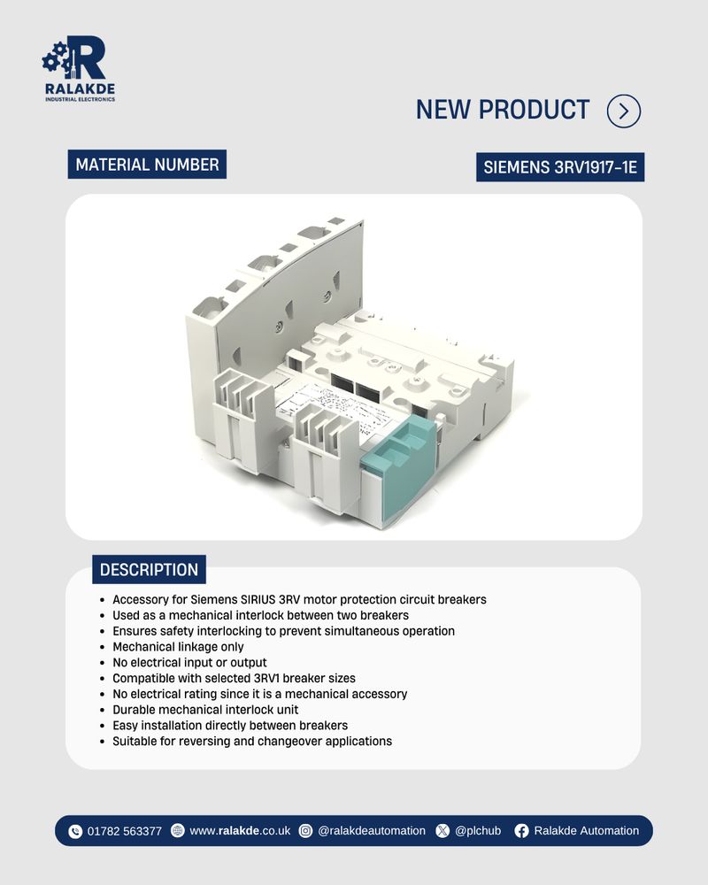 Siemens 3RV1917 1E interlock accessory for SIRIUS 3RV motor protection breakers.
