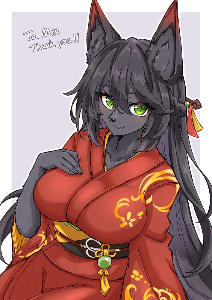 A digital illustration of an anthro foxgirl with green eyes and black fur, wearing a red yukata with gold patterns, sitting and looking at you with a hand on her chest.