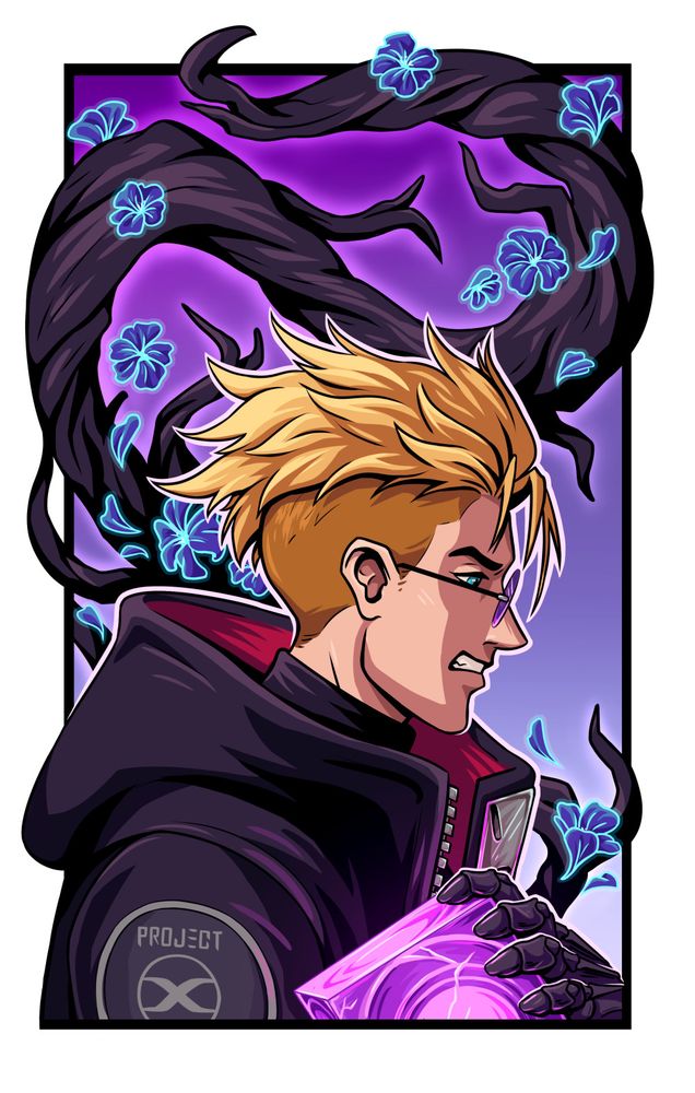 A drawing of Vash from trigun stampede, facing sideways, against a purple background. He's in is episode 12 recolour. There are twisting vines with dark blue and teal flowers behind him. He's holding the purple cube, and his teeth are bared.