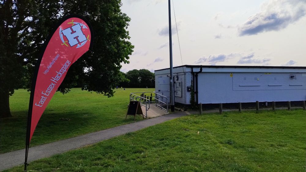 A view of the outside of the Hackspace with our flag up.