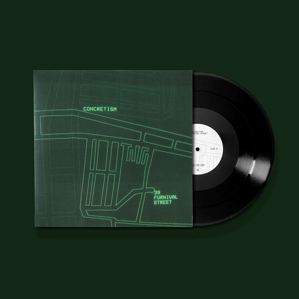 A photo of a vinyl record sleeve for Concretism's new single 39 Furnival Street.